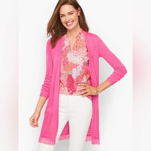 TALBOTS XL Textured Fringe Cardigan in Hot Pink • Open Front Spring Lightweight - Picture 8 of 10